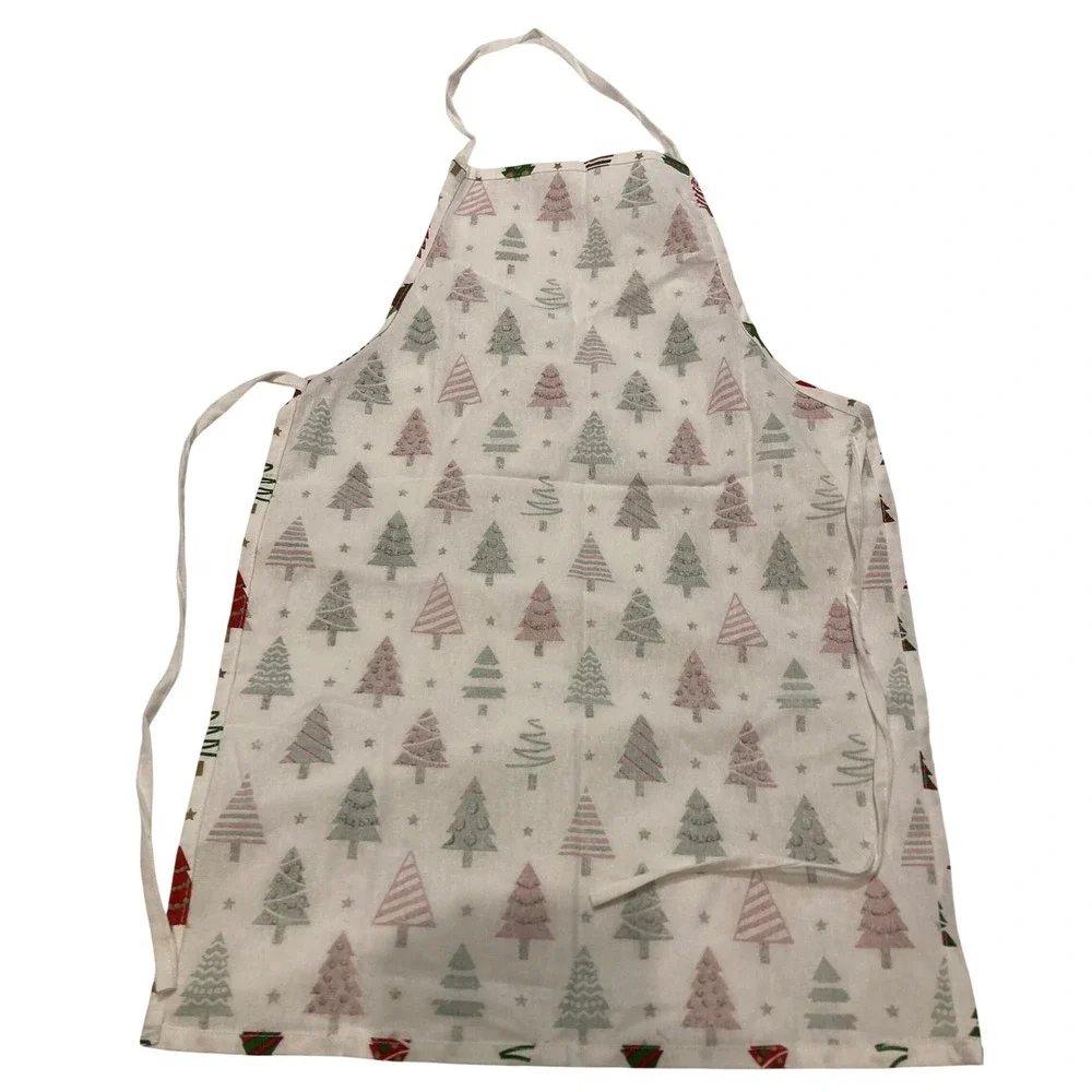 Christmas Tree Print Bib Apron Red Green Gold Stars Holiday Kitchen Baking White